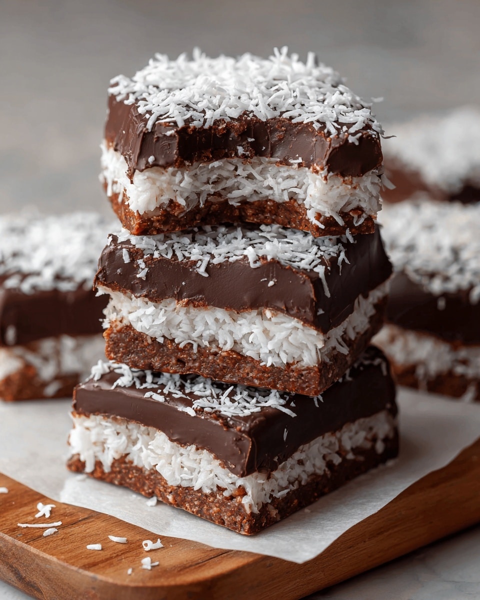 The image shows a stack of four rectangular chocolate coconut bars on white parchment paper resting on a wooden board. Each bar has three visible layers: a dark brown chocolate coating on the outside with a slightly glossy and smooth texture, a thick layer of white shredded coconut inside, and a sprinkling of white shredded coconut topping the bars. Two bars in the front have bitten corners, revealing the dense coconut filling inside. The surface below the wooden board is a white marbled texture. photo taken with an iphone --ar 4:5 --v 7