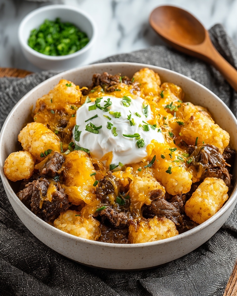 The dish is served in a deep, white bowl filled with three main layers: a base of soft, golden-brown beef chunks with a textured, slightly crispy outer surface; spread unevenly among the beef are irregular, fluffy, golden-yellow tater tots showing crispy ridges; melted cheddar cheese, bright orange and gooey, is drizzled generously over the top, blending with the tater tots and beef; in the center, a dollop of smooth, white sour cream sits atop the layers, sprinkled with small, fresh green chive pieces. The bowl rests on a textured gray cloth with a wooden spoon beside it and a small white bowl of green garnish blurred in the background, all placed on a white marbled texture. photo taken with an iphone --ar 4:5 --v 7