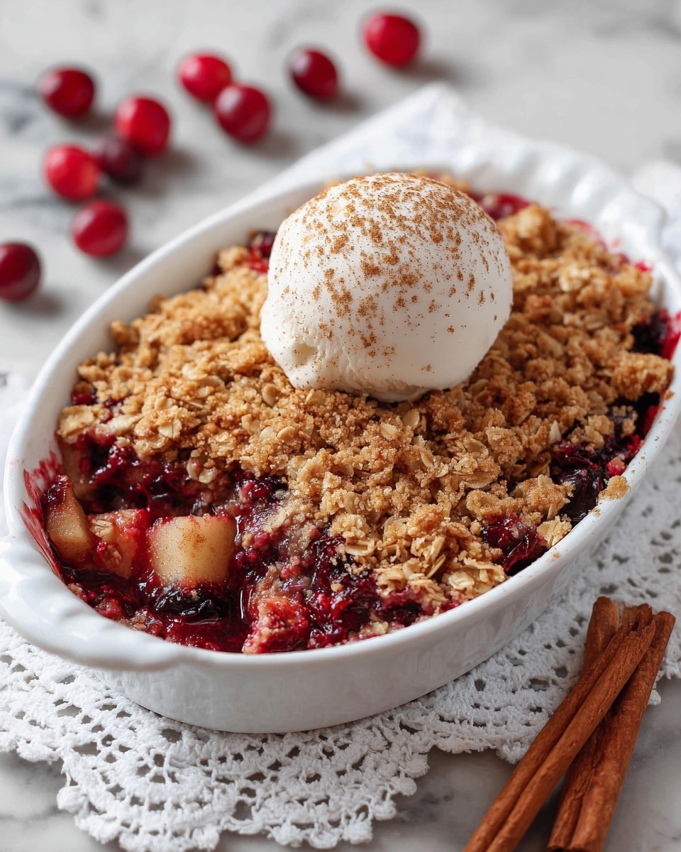 A white oval dish filled with a layered dessert, starting with a mix of red and purple berries and chunks of light brown fruit at the bottom. Above the fruit is a thick, crumbly golden-brown oat topping spread evenly across the dish. Resting on top of the oat layer is a smooth, round scoop of white vanilla ice cream sprinkled with light brown cinnamon powder. The dish sits on a white lace cloth over a white marbled surface, with some fresh red cranberries and two sticks of cinnamon placed nearby. Photo taken with an iphone --ar 4:5 --v 7