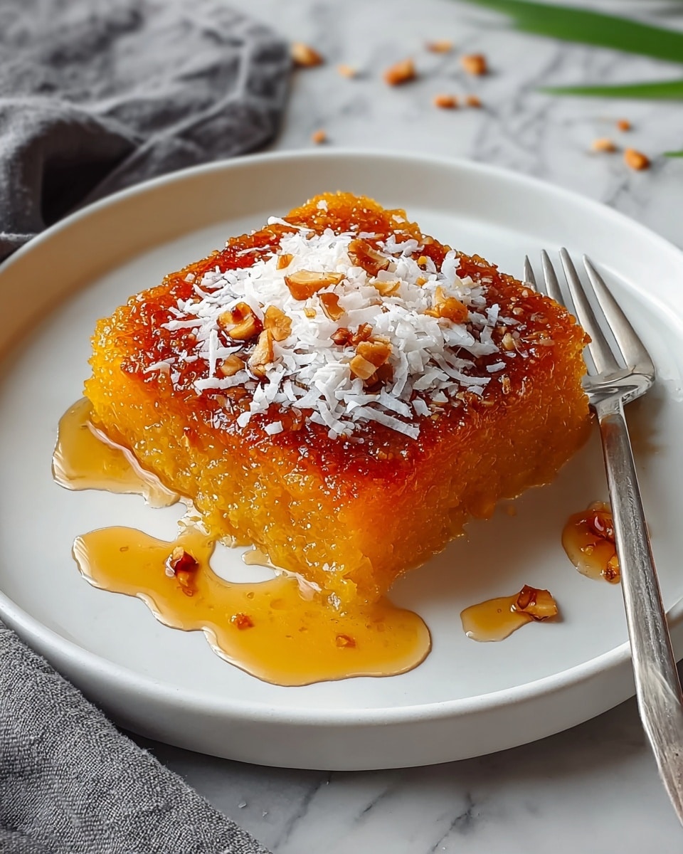 A square-shaped orange dessert with a slightly crispy, caramelized top layer sits on a white plate. The dessert has a moist, grainy texture and is covered with white shredded coconut and small brown nut pieces on top. A drizzle of amber-colored syrup flows around and slightly beneath the dessert, adding shine and color contrast. A silver fork rests at the edge of the plate on the right side. The plate is placed on a white marbled surface with part of a gray cloth visible in the bottom left corner. Photo taken with an iphone --ar 4:5 --v 7