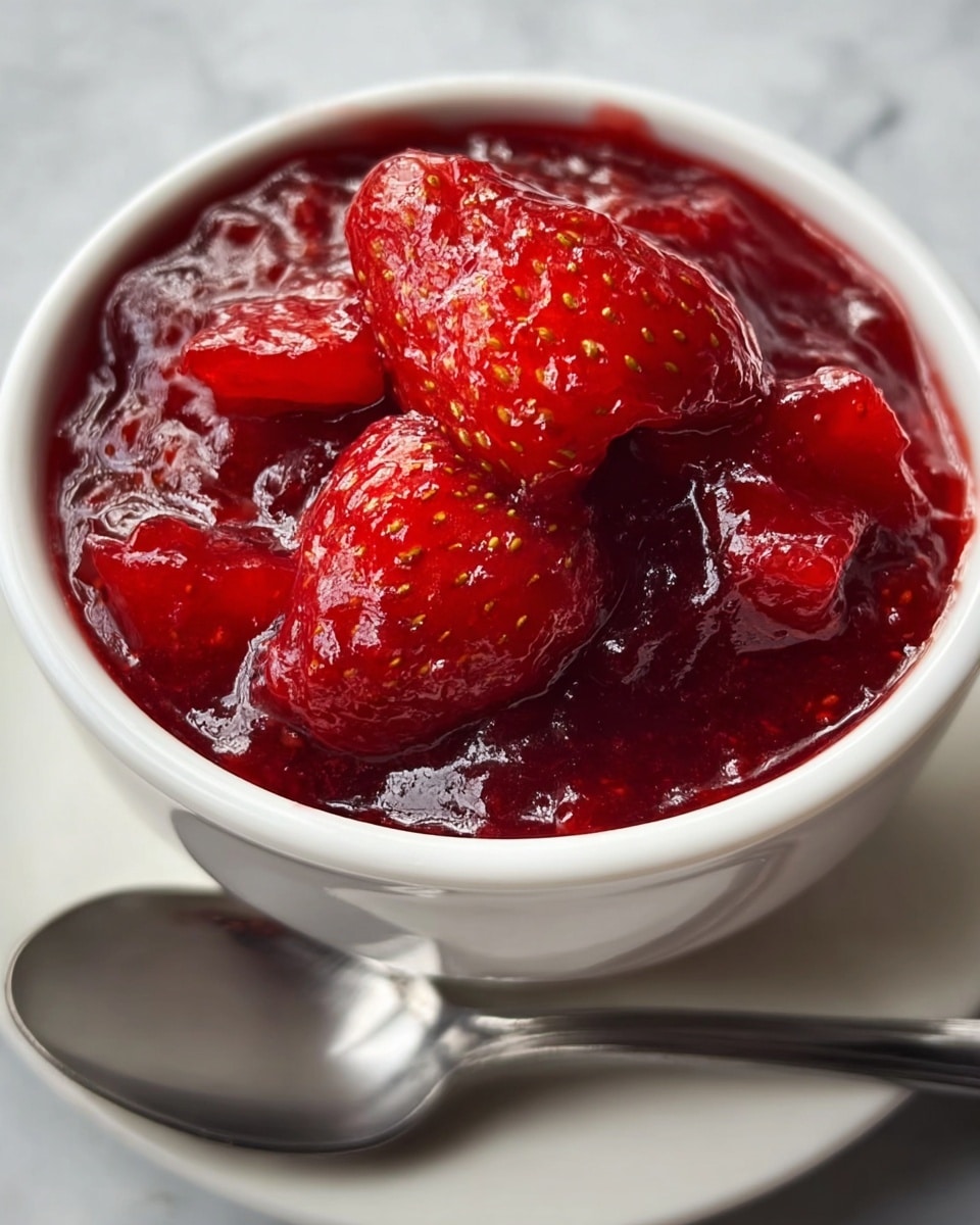 The image shows a close-up of a small white bowl filled with bright red strawberry jam. The jam has a thick, glossy texture with visible chunks of strawberries throughout. On top, a few whole and large strawberry pieces sit prominently, showing their seeds and shiny surface. The white bowl is placed on a white marbled surface, and a shiny silver spoon rests beside or under the bowl. The overall color contrast between the deep red jam and the white bowl and surface makes the strawberries look fresh and juicy. photo taken with an iphone --ar 4:5 --v 7