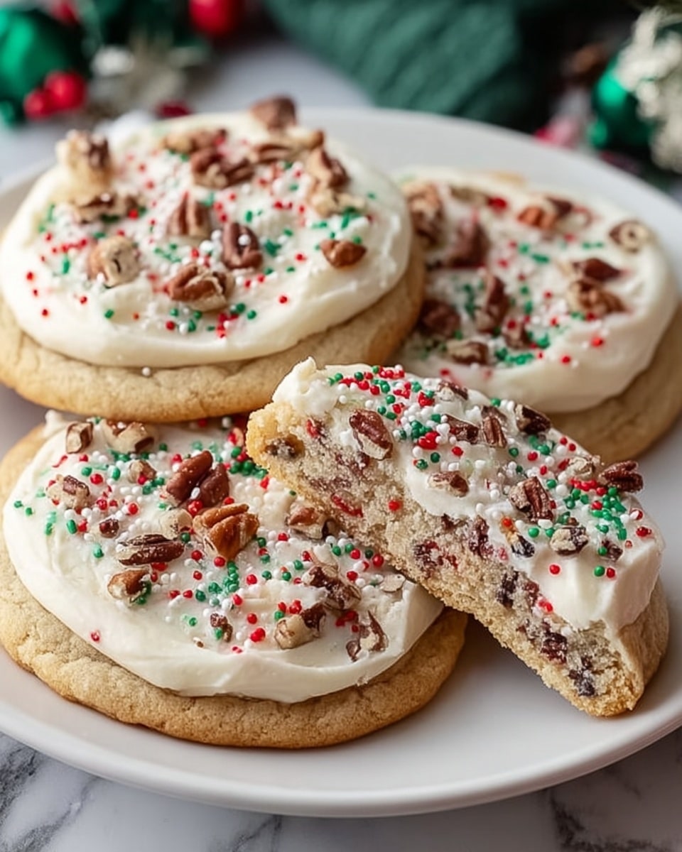 Four round sugar cookies with a light golden brown base are placed on a white plate with a raised edge, set on a white marbled surface. Each cookie has a thick layer of white frosting spread evenly on top, adorned with a mix of red, green, and white small round sprinkles and larger white stick-shaped sprinkles scattered across the surface. Crushed pecans and chunks of dark chocolate are sprinkled generously on the frosting, adding texture. One cookie is cut in half and stacked, showing a soft, chewy interior. The focus is close-up, capturing the bright and festive details of the cookies. Photo taken with an iphone --ar 4:5 --v 7