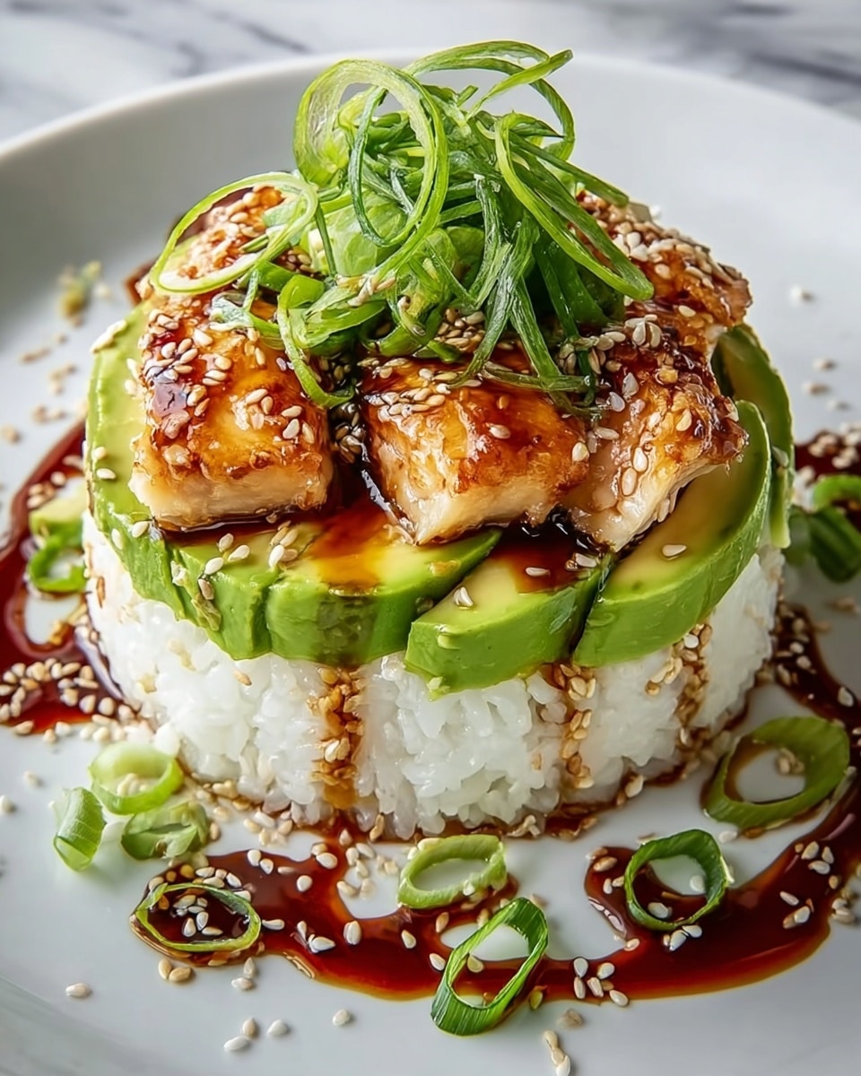 A white plate holds a neatly stacked dish with three main layers. The bottom layer is a thick, round base of white rice with a soft texture. The middle layer consists of avocado slices arranged evenly around the rice, showing smooth light green color. On top, there are pieces of glazed grilled fish with a golden-brown shiny surface, arranged flat. The dish is topped with a small pile of thin, curly green onion strips. Around the base and on top, there are dark brown sauce drizzles and sprinkled white sesame seeds, with some extra green onion slices scattered on the white marbled surface. photo taken with an iphone --ar 4:5 --v 7