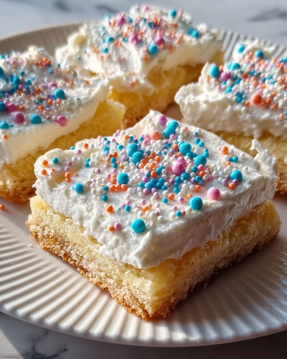The image shows square dessert bars on a white plate with a ridged edge, placed on a white marbled surface. Each bar has three clear layers: a light golden crumbly base, a pale yellow creamy middle layer, and a thick white fluffy frosting on top. The frosting is decorated with small, round, colorful sprinkles in blue, pink, orange, and yellow scattered evenly across the surface. The bars are positioned close together, and the lighting highlights the soft texture of the frosting and the crumbly base. Photo taken with an iphone --ar 4:5 --v 7