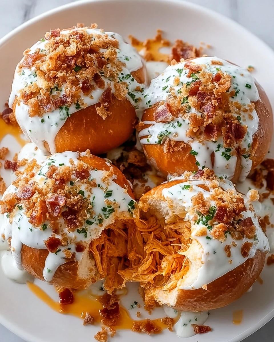 Four round bread rolls filled with shredded orange buffalo chicken arranged on a white plate on a white marbled surface. Each roll is topped with a thick white sauce drizzled over them, sprinkled with small green chopped herbs, crispy brown bacon bits, and crunchy light brown crumbs. The orange buffalo sauce lightly pools around the rolls on the plate, adding a shiny texture. One roll is cut open, showing the tender, juicy inside filled with shredded chicken soaked in orange sauce. photo taken with an iphone --ar 4:5 --v 7