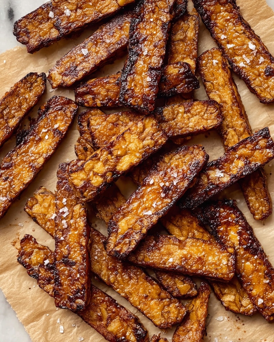 The image shows many long, thin strips of tempeh with a shiny, dark brown glaze, some edges slightly charred or crispy. The tempeh pieces have a textured surface with visible small bits and grain patterns, giving a rough look. They are spread out randomly on a piece of light brown parchment paper, scattered with small flakes of coarse salt. The whole scene rests on a white marbled surface. photo taken with an iphone --ar 4:5 --v 7