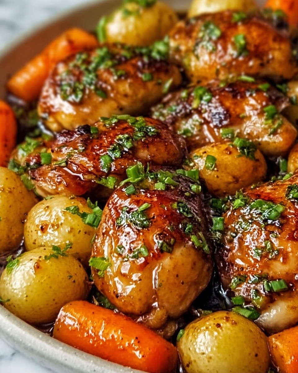 The image shows a close-up of a dish with several browned, juicy pieces of chicken with a shiny glaze and bits of chopped green herbs sprinkled on top. The chicken pieces are placed on top of cooked small potatoes and bright orange carrot slices, all coated in a glossy sauce. The colors are warm with golden brown, orange, and green tones. The dish is set on a white marbled surface. photo taken with an iphone --ar 4:5 --v 7