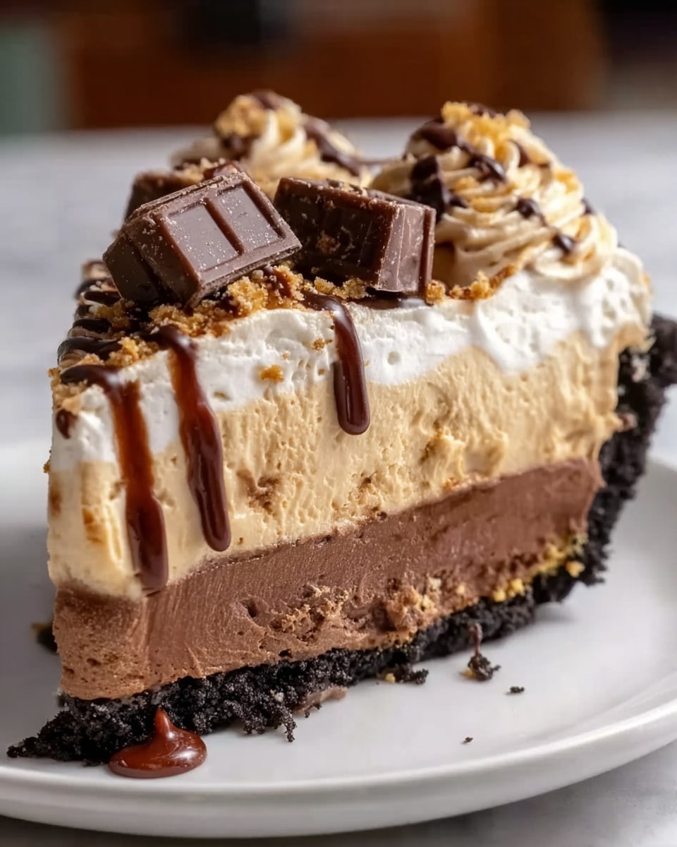 A close-up image of a slice of pie with five layers on a white plate set on a white marbled surface. The bottom layer is dark brown crumbly crust, above it is a thick dark chocolate layer, then a thick light brown creamy layer, followed by a thinner middle dark brown layer, topped with a light tan whipped cream layer. The whipped cream is decorated with small swirls, chocolate drizzle, and two large chunks of chocolate on top. Some chocolate syrup is dripping down the sides of the slice. photo taken with an iphone --ar 4:5 --v 7