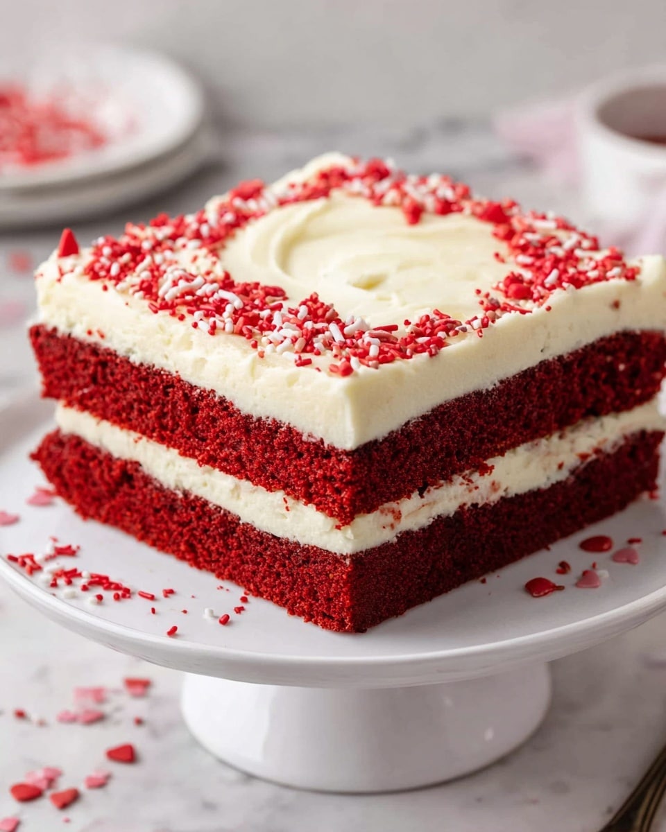 A square shaped cake with two thick bright red layers of moist cake, separated by a smooth white cream cheese frosting layer. The top is fully covered with the same creamy white frosting, spread evenly with light ridges, and decorated around the edges with scattered small red circular and rod-shaped sprinkles. It sits on a white cake stand against a white marbled textured background with some red sprinkles scattered around the base. photo taken with an iphone --ar 4:5 --v 7