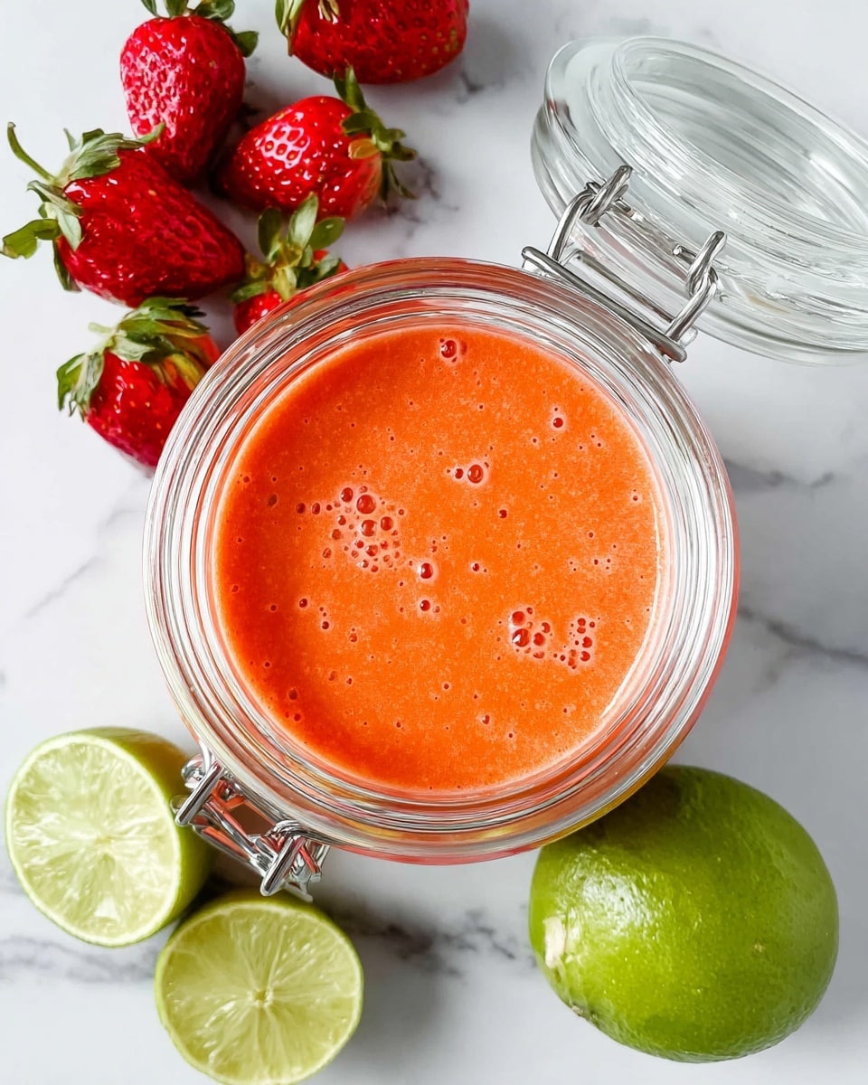 A clear glass jar with a metal clasp is filled to the brim with a smooth, bright orange-red smoothie showing small bubbles on the surface. Around the jar are fresh, whole strawberries with green leaves and two halves of squeezed lime, which have a light green interior with visible pulp. All items rest on a white marbled surface, and the top of the jar is open with the lid flipped back. photo taken with an iphone --ar 4:5 --v 7