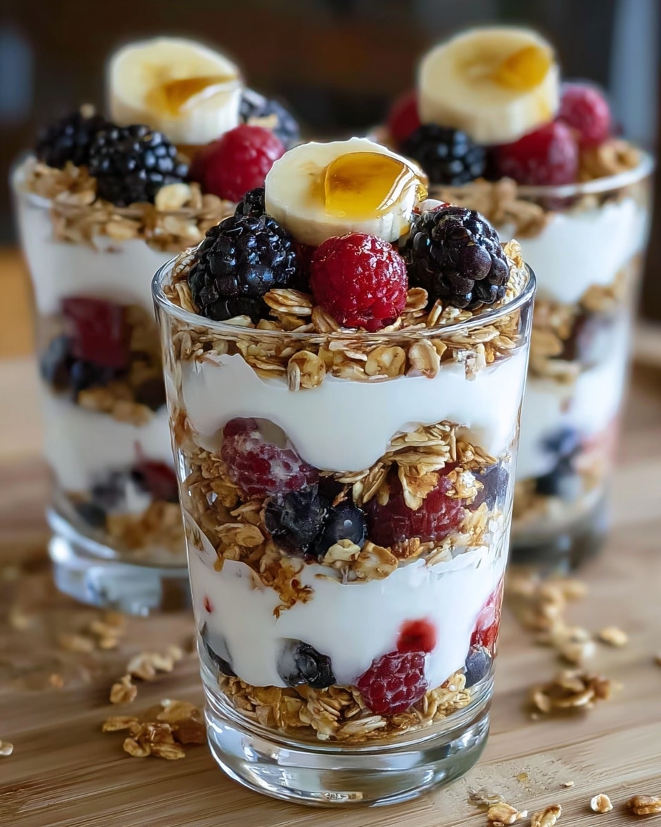 Three clear glass cups are filled with layered parfaits. Each cup has four main layers starting from the bottom: a crunchy granola layer with a light brown color, followed by a creamy white yogurt layer mixed with blackberries and raspberries, then another layer of granola, topped with more thick white yogurt, and finally a top layer with banana slices, whole blackberries, raspberries, and a drizzle of golden honey shining on top. The cups sit on a wooden surface with a soft focus background. The colors are natural and fresh, with the layers clearly visible through the glass. photo taken with an iphone --ar 4:5 --v 7