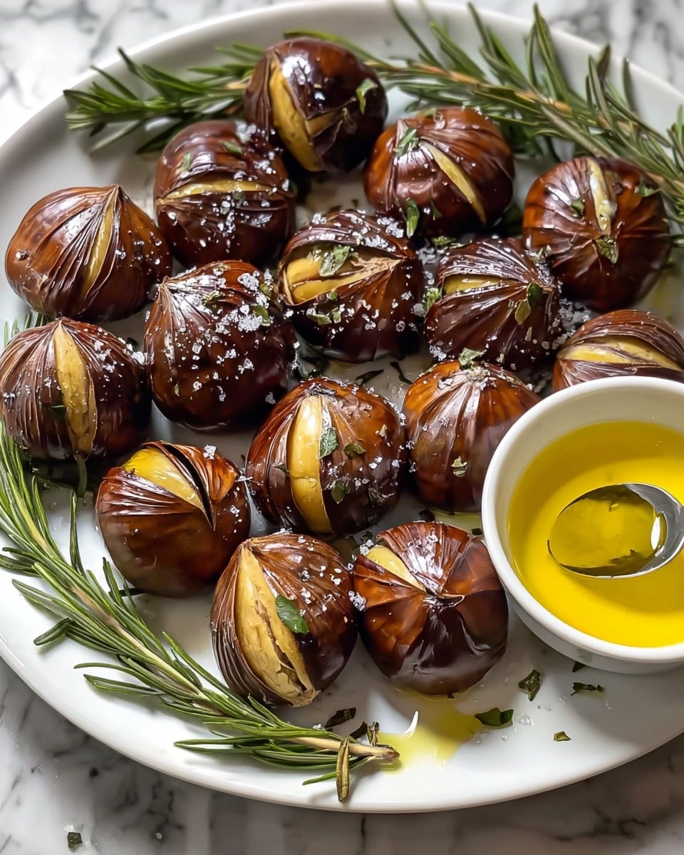 The image shows a white plate filled with twelve roasted stuffed onions arranged closely together. Each onion is golden brown with visible charred lines from roasting, having a slightly glossy finish. The onions are cut into thin vertical sections but still held together at the top, resembling flower petals opening. Coarse white salt crystals are sprinkled unevenly over the onions, adding texture and contrast. Sprigs of fresh green rosemary are placed around the onions, adding a touch of freshness and color. In the corner of the plate, there is a small white bowl with golden olive oil. The whole setup is placed on a white marbled surface, giving a simple and clean background. photo taken with an iphone --ar 4:5 --v 7