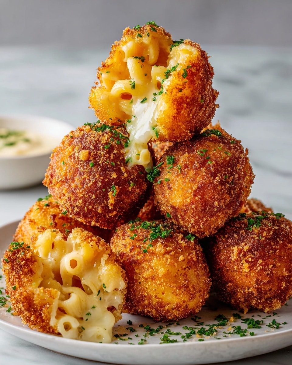 The image shows a stack of seven golden-brown fried balls on a white plate resting on a white marbled surface. Each ball has a crunchy, crispy texture with a rough crust. Two balls are split open, revealing creamy, melted cheese and small pasta pieces inside with a shiny, soft, and smooth texture. The balls are sprinkled with finely chopped green herbs, adding a fresh touch of color. In the background, there is a small white bowl with a creamy dip. photo taken with an iphone --ar 4:5 --v 7