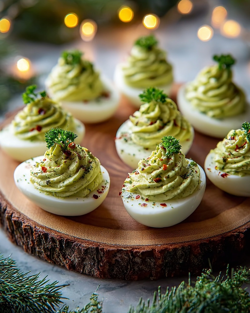 The image shows eight deviled eggs placed in two rows on a round wooden board with bark edges. Each egg is cut in half with a smooth white outer layer of boiled egg white, filled with a swirled light green creamy mixture topped with finely chopped herbs and a small parsley leaf on top. The green filling has a soft texture with some red and black spice flakes sprinkled on it. The wooden board rests on a white marbled surface with some green pine leaves partially visible around the edges. Soft yellow fairy lights create a warm, blurred background. Photo taken with an iphone --ar 4:5 --v 7