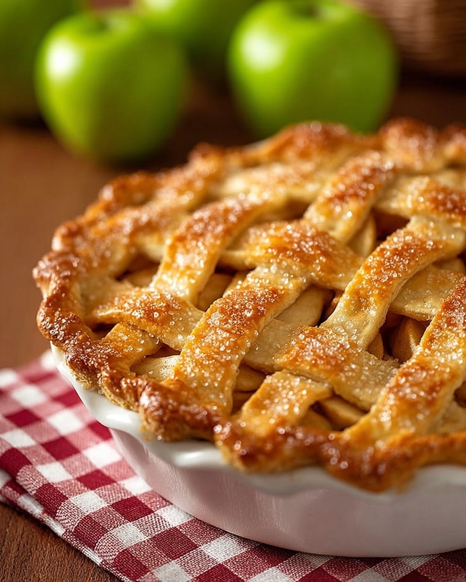 A golden brown lattice crust apple pie sits in a white pie dish, showing a woven pattern of thick, flaky pastry strips with sugar crystals sprinkled on top, creating a sparkling effect. The edges of the crust are crimped and nicely browned, adding a textured border around the pie. The filling beneath the lattice is a warm light tan color, hinting at tender apple slices inside. The pie is placed on a red and white checkered cloth on a wooden table, with three green apples blurred in the background. photo taken with an iphone --ar 4:5 --v 7