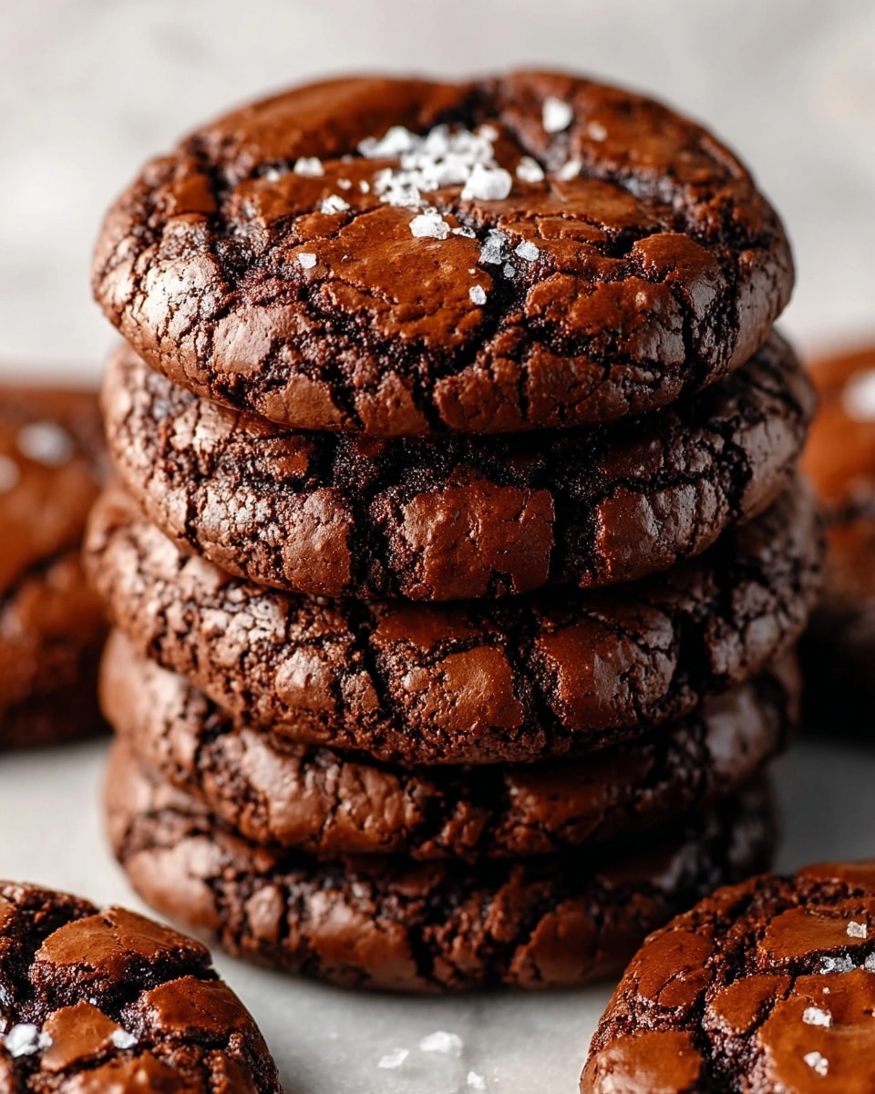 A tall stack of five thick, round chocolate cookies with a shiny, cracked surface and a deep dark brown color, each cookie showing a slightly rough texture with gooey chocolate patches on top. The top cookie is sprinkled with coarse sea salt that glistens against the dark chocolate. The cookies are stacked unevenly on a white marbled surface, showing the soft and chewy texture clearly with a rich chocolate shine. Photo taken with an iphone --ar 4:5 --v 7