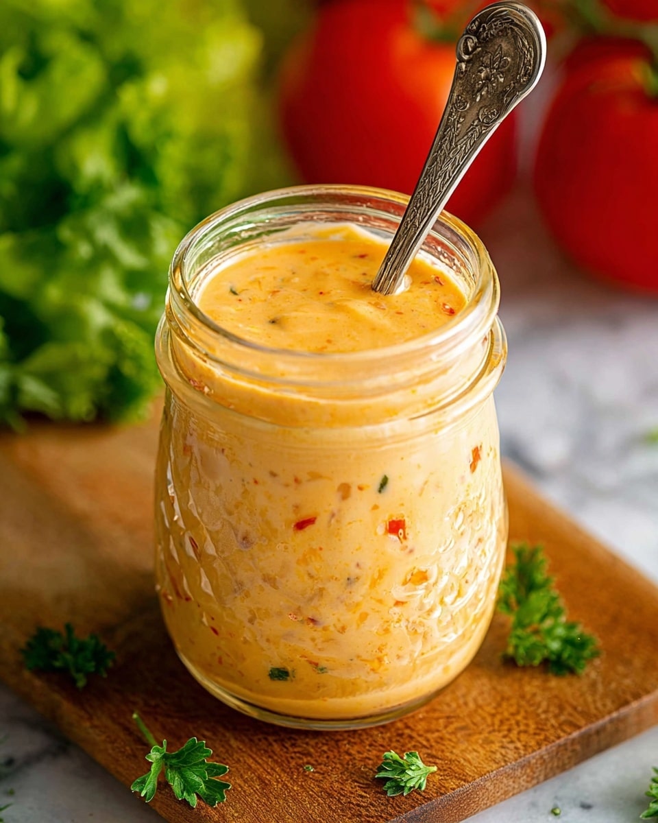 A small clear glass jar filled with creamy orange sauce that has visible small red and green specks, with a textured surface that reaches just below the jar’s rim; inside the jar is a metal spoon with an ornate handle leaning slightly to the right, while the jar sits on a wooden board with bright green parsley scattered nearby and blurred fresh tomatoes and lettuce in the background, all on a white marbled surface. photo taken with an iphone --ar 4:5 --v 7