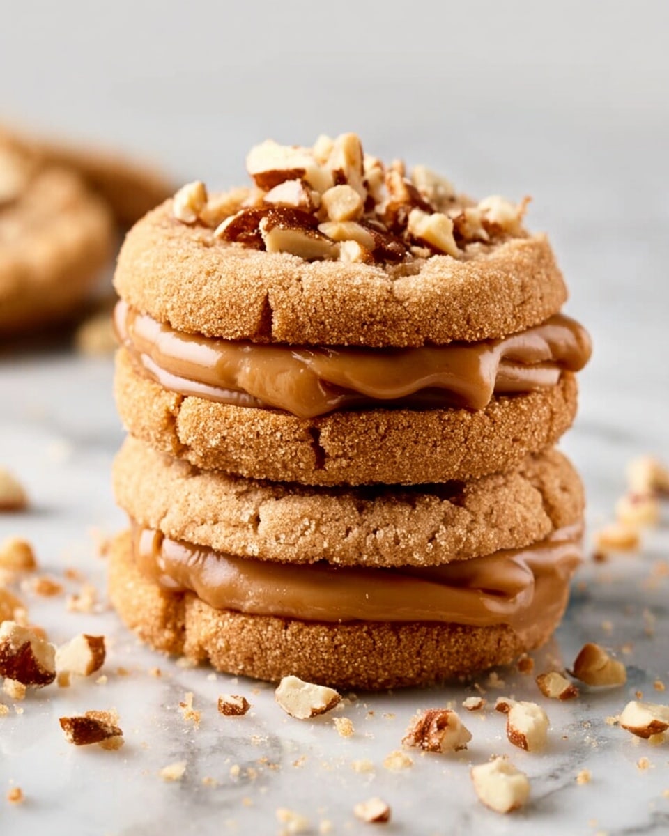 A stack of three round peanut butter cookies with a crumbly, golden-brown texture. Each cookie layer is separated by a smooth, thick layer of caramel-colored peanut butter spread. The top cookie is also topped with a small pile of chopped nuts, adding a crunchy texture. The stack sits on a white marbled surface with some scattered nut pieces around it. Photo taken with an iphone --ar 4:5 --v 7