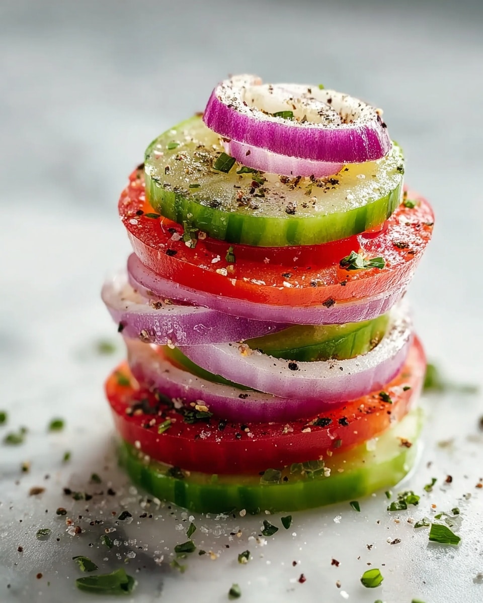 A small tower made of thin slices of cucumber, tomato, and red onion is stacked on a white marbled surface. The bottom layer is a round green cucumber slice, followed by a layer of purple onion slice, then a red tomato slice, then another cucumber slice, another onion slice, and topped with a cucumber slice and two red onion rings. The layers look fresh and slightly shiny with droplets of moisture. The whole tower is sprinkled with coarse black pepper, sea salt, and small green herbs scattered around it. The details show a fresh, colorful, and textured vegetable stack. photo taken with an iphone --ar 4:5 --v 7