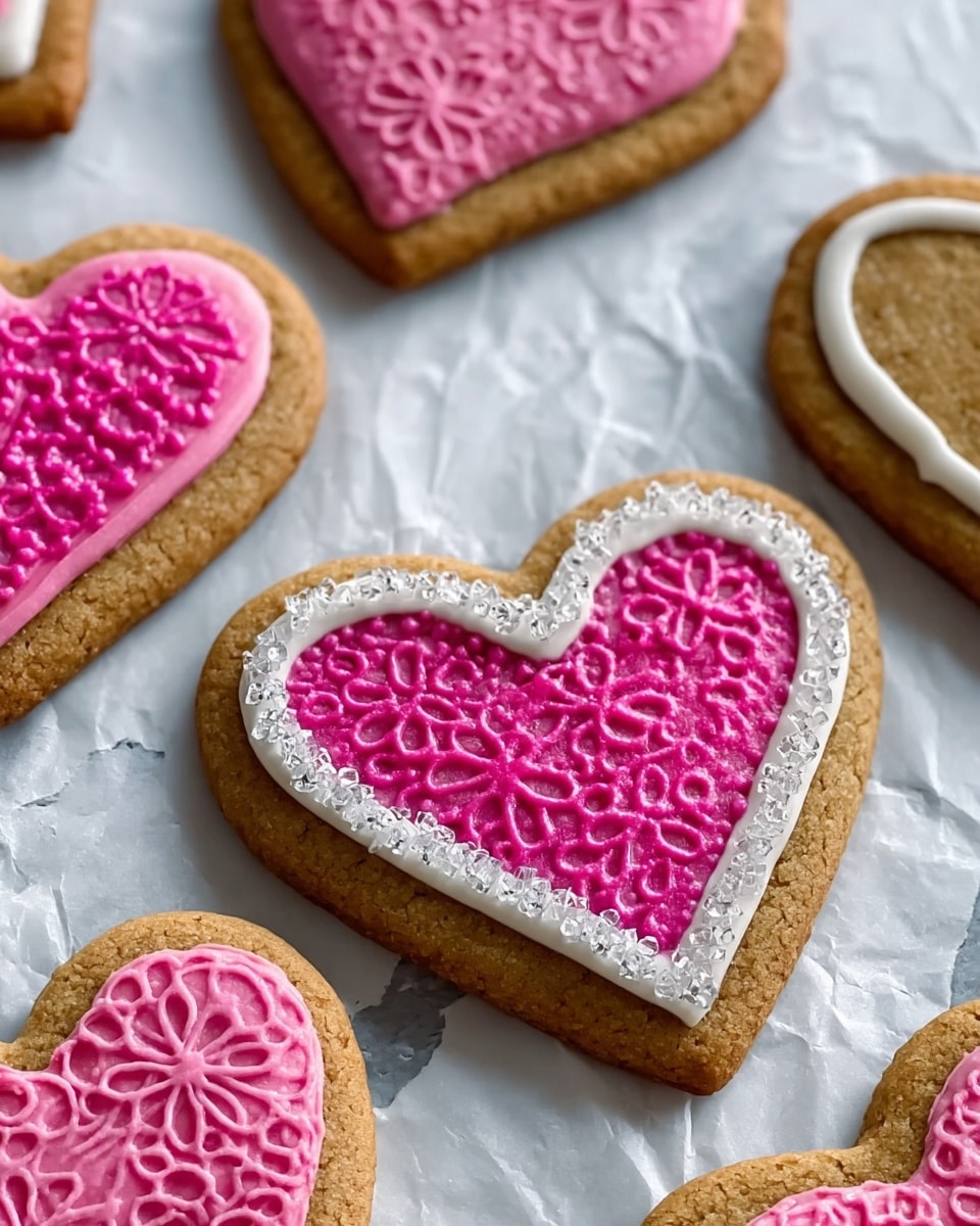 The image shows several heart-shaped sugar cookies arranged on a white marbled surface covered with white parchment paper. Each cookie has a thick single layer of light golden yellow dough as the base. The largest cookie in the center is coated with a layer of white sparkling sugar crystals. Surrounding cookies have a layer of smooth pink icing, some plain and others decorated with white icing lines and small white pearl sprinkles, adding a delicate texture. The cookies have soft edges and the icing layers are glossy and evenly spread. The scene is bright with soft natural light highlighting the sugar crystals and icing texture photo taken with an iphone --ar 4:5 --v 7