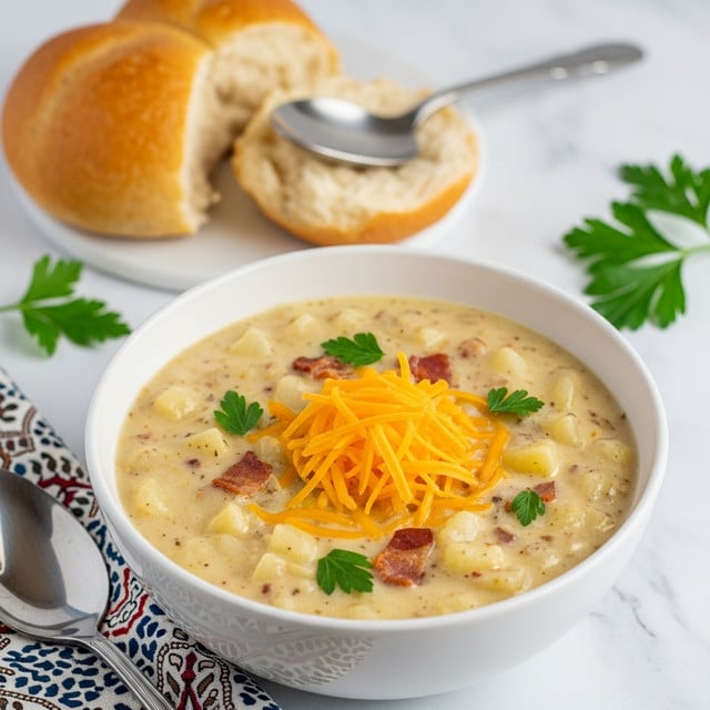 A white bowl filled with thick, creamy soup that has a light yellow color with small pieces of potato and bits of bacon mixed inside. On top of the soup is a heap of shredded bright orange cheddar cheese and small green parsley leaves sprinkled over it. In the background on a white marbled surface, there is a round bread roll, one piece cut with a spoon placed on top, and a patterned cloth napkin beside a silver spoon in the foreground. Some green parsley leaves are also scattered around the bowl. Photo taken with an iphone --ar 4:5 --v 7