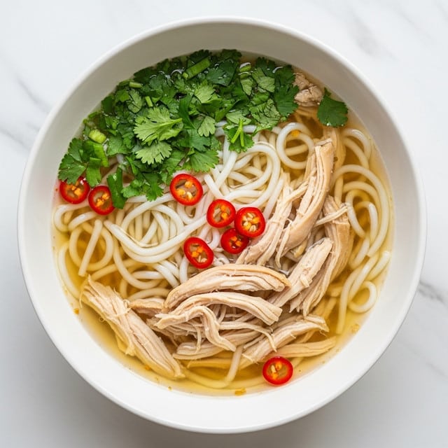 A white bowl filled with clear broth soup containing three main layers: the bottom layer is light brown broth with visible herbs, the middle layer shows light beige noodles slightly submerged, and the top layer has shredded cooked chicken, small green leafy herbs, and diced red chili peppers scattered evenly. The bowl is placed on a white marbled surface, and the scene is well-lit showing the steam rising gently from the hot soup. photo taken with an iphone --ar 4:5 --v 7