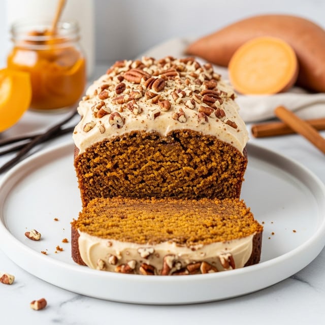 A loaf of pumpkin bread sits on a round white plate on a white marbled surface, showing a moist, dense orange-brown crumb with a slightly darker crust. The top is covered with a thick layer of light beige frosting sprinkled generously with small chopped pecan pieces, creating a textured, nutty surface. In front, a single thick slice of the bread lies flat, displaying the soft, even crumb. Soft light highlights the textures and colors, with blurred background elements including a white ceramic butter dish and jars, enhancing the cozy, homemade feel. Photo taken with an iphone --ar 4:5 --v 7