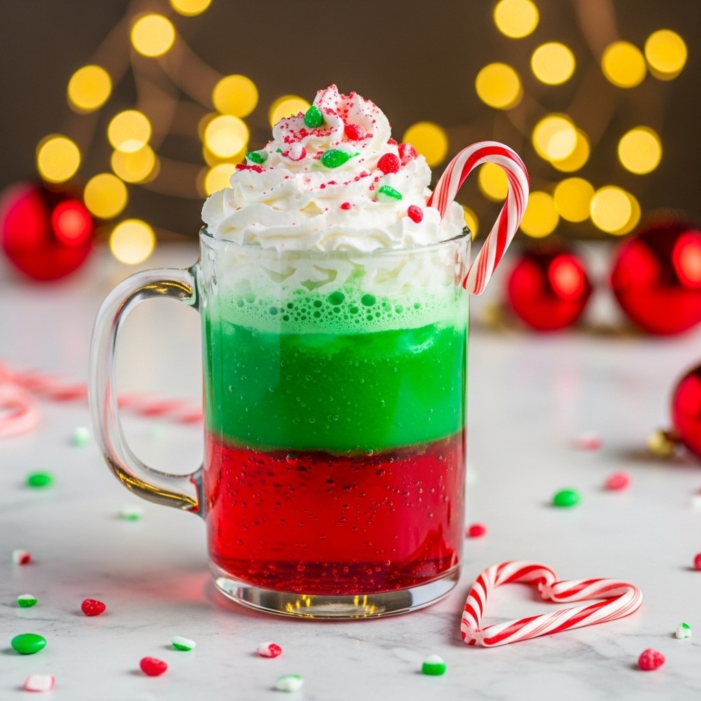 The image shows a tall clear glass mug filled with a layered drink, with a bottom layer of bright red liquid, a thick middle layer of bright green liquid, and topped with a large swirl of white whipped cream sprinkled with red and green crushed candy. A red and white striped candy cane is placed on the right side, sticking out from the whipped cream. The drink is set on a white marbled surface, with red round ornaments and peppermint candies scattered around, and blurred yellow bokeh lights in the background. Photo taken with an iphone --ar 4:5 --v 7