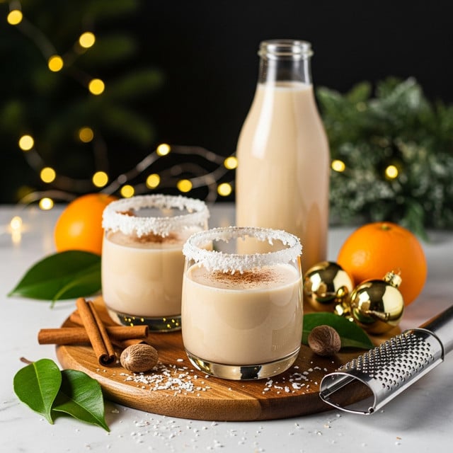 Two clear round glasses filled with a creamy light beige drink speckled with tiny brown dots sit on a wooden board. Each glass is rimmed with white shredded coconut, adding texture and a snowy look. Near the glasses are two whole nutmegs, a metal grater, and two cinnamon sticks, suggesting flavors of the drink. In the blurred background, there is a tall frosted glass bottle, green leaves, some orange fruit, and golden Christmas ornaments, with small warm yellow fairy lights adding a cozy feel. The scene is set against a white marbled texture. Photo taken with an iphone --ar 4:5 --v 7