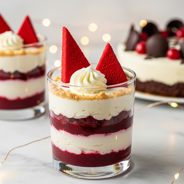 This image shows two clear martini glasses with a layered dessert inside. The dessert has a glossy, deep red base layer filling most of the glass, topped by a thick white creamy layer. On top, there is a light, fluffy swirl of white cream in the center, sprinkled with fine crumbs around the edge of the glass rim. A triangular piece of red velvet cake with a textured surface is placed leaning against the cream on each dessert. The background includes blurred warm golden lights and a white marbled surface. Photo taken with an iphone --ar 4:5 --v 7