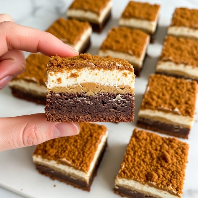 The image shows a close-up of a layered dessert bar held by a woman's hand. The dessert has three clear layers: a dark brown, smooth, and dense bottom layer resembling a brownie, a thick middle layer of creamy white filling, and a top layer of light brown crumbly cake or cookie crumbs. In the background, there are more pieces of the dessert arranged on a white marbled surface. The focus is sharp on the piece held by the woman's hand, showing the texture of each layer clearly. Photo taken with an iphone --ar 4:5 --v 7