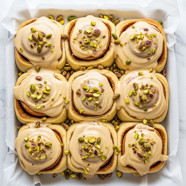 A close-up top view of nine cinnamon rolls arranged in a 3x3 grid inside a baking pan lined with parchment paper, each roll covered with a thick layer of light green pistachio icing that softly drips down the sides, sprinkled generously with small pieces of chopped pistachios that add texture and color contrast, the rolls have a golden brown color peeking through the icing, showing their baked swirled layers and soft dough inside. The background is a white marbled texture. Photo taken with an iphone --ar 4:5 --v 7