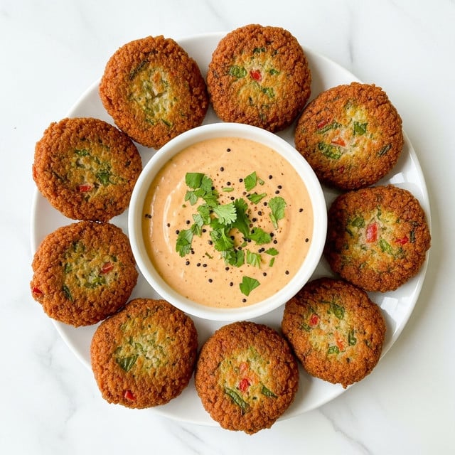 The image shows a white bowl filled with creamy light beige sauce, topped with green herb bits, placed in the center of a white round plate. Around the bowl, there are eight golden brown crispy fried balls with a crunchy texture and some green herbs sprinkled on top. The balls are evenly spaced in a circle around the bowl. The whole setup is on a white marbled surface. Photo taken with an iphone --ar 4:5 --v 7