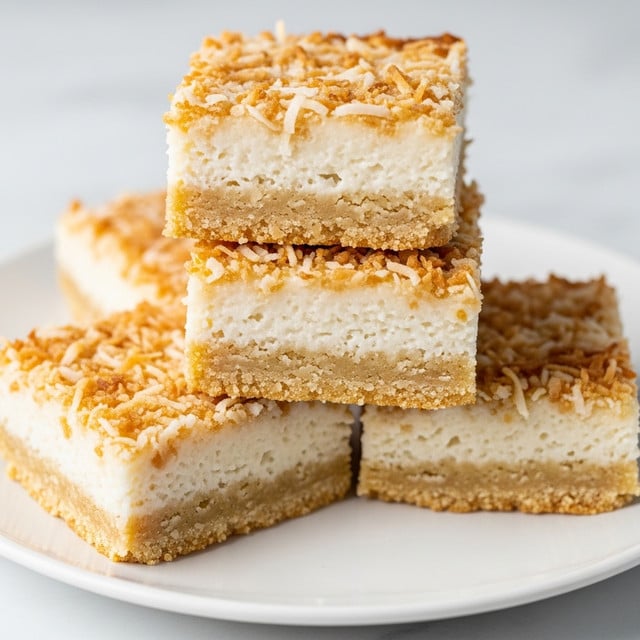 Three square coconut bars are stacked on a white plate placed on a white marbled surface. Each bar has two visible layers: a dense, moist, pale cream coconut base with a slightly browned bottom crust, and a golden toasted shredded coconut topping that adds texture and color contrast. The edges of the bars are slightly browned, showing a baked, crispy finish. The stack leans slightly, emphasizing the thickness and texture of each layer. photo taken with an iphone --ar 4:5 --v 7