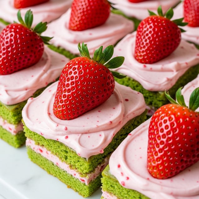 The image shows a close-up of nine square slices of cake arranged in a 3x3 grid. Each slice has a green base layer visible at the edges, topped with a thick layer of pale pink frosting that has a smooth and creamy texture with little red specks. On top of each frosted square sits one whole fresh strawberry with leaves, placed in the center. The cake pieces are on a white marbled surface, and the strawberries add a bright red contrast to the soft pink and green colors of the cake. photo taken with an iphone --ar 4:5 --v 7