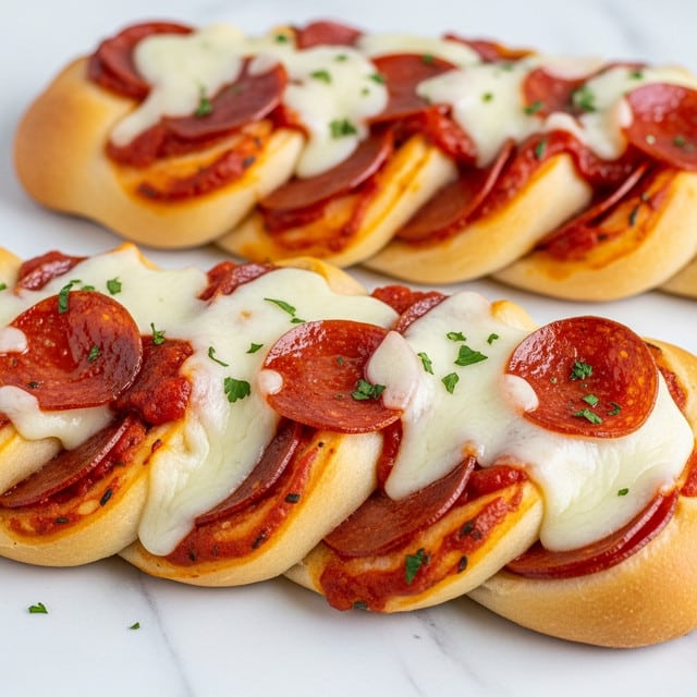 The image shows three twisted breadsticks on a white marbled surface, each twist made by layering soft white dough with melted orange cheese and red pepperoni slices. The breadsticks have a golden-brown baked crust with some melted cheese bubbling on top, sprinkled with green herbs. The twisted shape creates visible layers of dough, cheese, and pepperoni spiraled together, giving a textured and colorful look. photo taken with an iphone --ar 4:5 --v 7