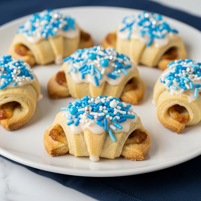 The image shows five small crescent-shaped cookies on a white plate, each cookie has a golden-brown base with a glossy white glaze layer on top. On the glaze, there is a thick sprinkle of mixed blue, white, and silver round and stick sprinkles giving a textured and colorful look. The cookies are arranged in a loose group with one in front clearly in focus, showing the flaky layers of the dough and a slight filling inside. The plate sits on a dark blue cloth over a white marbled surface. photo taken with an iphone --ar 4:5 --v 7