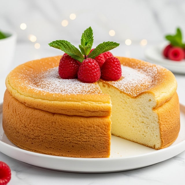 A thick, fluffy cheesecake sits on a simple white plate, showing a soft and creamy texture inside where a slice has been gently removed. The top layer is golden brown with a light dusting of powdered sugar, and the cake is topped with a small cluster of bright red raspberries and fresh green mint leaves. The background features a white marbled surface with soft, out-of-focus warm lights adding a cozy feeling. Photo taken with an iphone --ar 4:5 --v 7