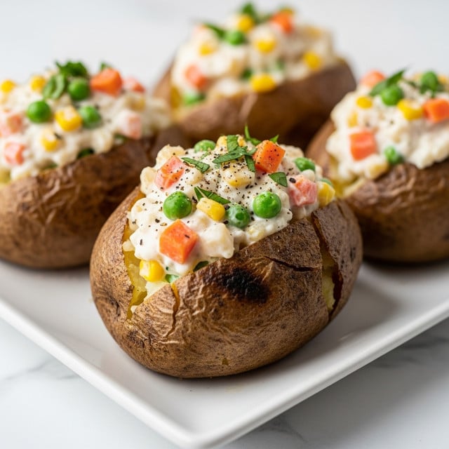 The image shows four stuffed baked potatoes placed on a white rectangular plate set on a white marbled surface. Each potato has a rough brown skin, slightly charred and cracked, forming the base layer. The top layer is filled with a creamy white mixture that includes visible chunks of orange carrots, yellow corn, and green peas, giving a colorful and textured look. The filling is sprinkled with finely chopped green herbs and some black pepper, adding a fresh and slightly coarse texture on top. The focus is on the front potato with the others softly blurred in the background, creating depth in the image. photo taken with an iphone --ar 4:5 --v 7