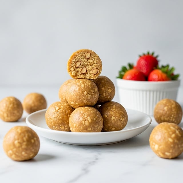 A white dish holds six shiny peanut butter balls stacked in a small pile, with the top one cut in half showing a crumbly, textured inside filled with small nut pieces, all in light golden brown color and smooth outside. Around the dish, a few more peanut butter balls sit scattered on a white marbled surface. In the background, slightly out of focus, there is a small white bowl with bright red strawberries, adding a splash of colors. The scene is simple and clean with soft natural light and a clear, light gray wall behind. Photo taken with an iphone --ar 4:5 --v 7