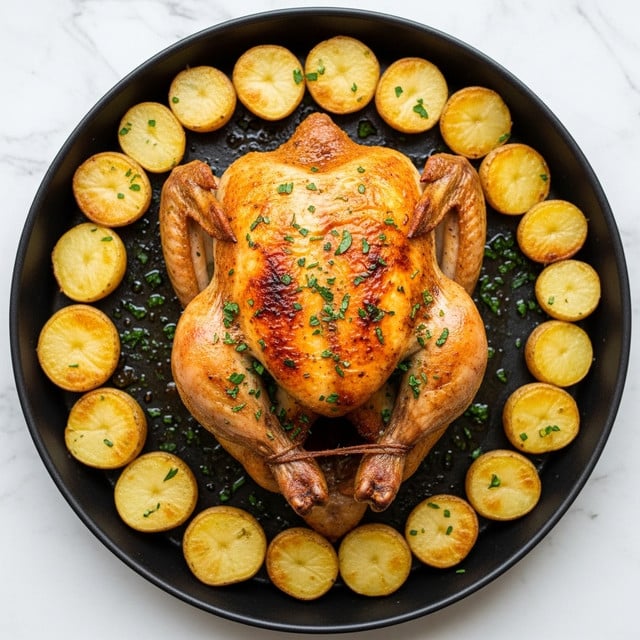 A golden-brown roasted chicken sits in the center of a black skillet, surrounded by halved baby potatoes that are yellow with a light brown crisp on the edges, and sprigs of fresh green herbs scattered on top. The chicken’s skin looks crispy and textured, with some dark seasoning spots, resting on a bed of sliced onions that are translucent white and slightly caramelized. The white marbled background contrasts softly with the skillet’s dark surface, giving a fresh and clean look. photo taken with an iphone --ar 4:5 --v 7
