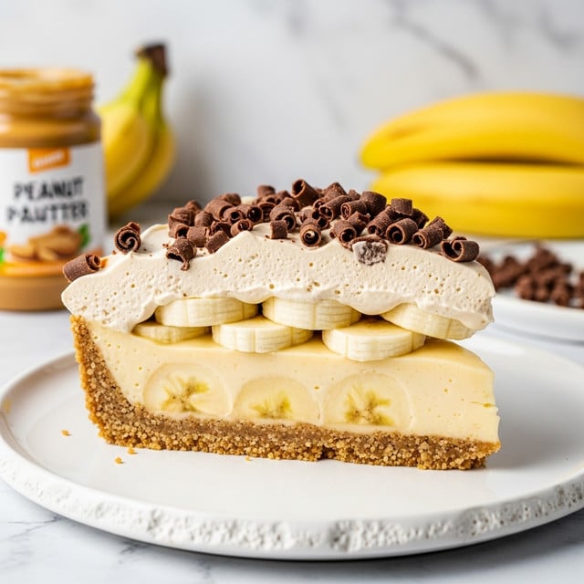 A slice of pie is shown on a white plate with a slight brown rim. The pie has four layers: a golden brown crumb crust that holds everything together, a thick pale yellow banana filling just above the crust, followed by a layer of creamy, light beige whipped topping, which is thick and fluffy. On top, there are dark brown chocolate shavings scattered unevenly, adding texture contrast. The background has a blurred white marbled texture with a bunch of bananas and a jar with peanut butter in the distance. photo taken with an iphone --ar 4:5 --v 7