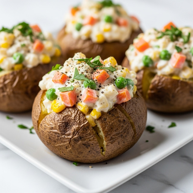Four baked potato halves serve as the base layer, each with a rough, slightly charred brown skin on a white rectangular plate. The potatoes are hollowed and filled with a creamy, white mixture. On top of this creamy base, there are colorful pieces of diced orange carrots, yellow corn, and green peas scattered evenly. The filling is sprinkled with finely chopped green herbs and black pepper for garnish, giving a fresh and slightly textured look. The overall scene is set on a white marbled textured surface that contrasts softly with the dish. photo taken with an iphone --ar 4:5 --v 7