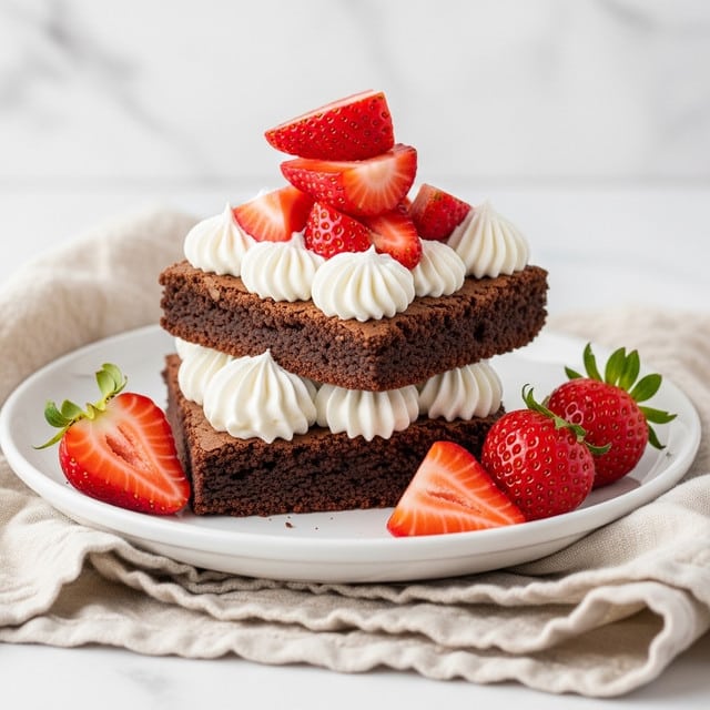 A white plate holds two thick, dark brown brownie squares that look moist and rich; on top of the brownies is a layer of white fluffy whipped cream shaped into soft swirls. Bright red strawberry pieces with visible seeds are scattered on and around the brownies, some pieces stacked over the brownies and others lying on the plate. The scene is set on a white marbled background with a soft beige textured cloth lying casually in front of the plate. photo taken with an iphone --ar 4:5 --v 7