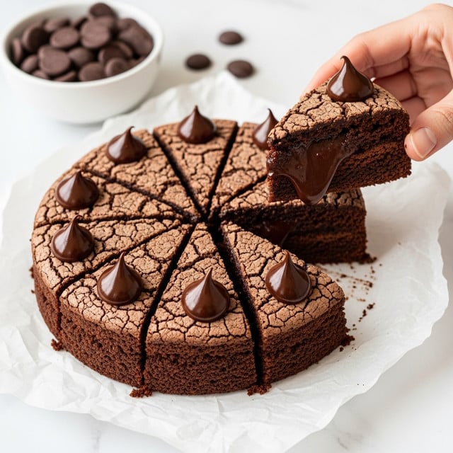 A round chocolate cake is cut into eight slices and displayed on crumpled white parchment paper over a white marbled surface. The cake has a cracked, dry-textured dark brown top with glossy melted chocolate drops placed near the edges of each slice and pooled in the center. A woman's hand is holding one slice close to the camera, showing the rich, gooey melted chocolate filling inside and the dense, moist cake layers surrounding it. Behind the cake, a white bowl filled with dark chocolate disks is partially visible. Photo taken with an iphone --ar 4:5 --v 7