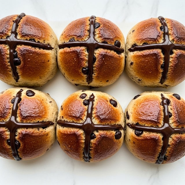 Six round, golden-brown baked buns are arranged in two rows of three on a white marbled surface. Each bun has a glossy, slightly cracked top with a dark chocolate drizzle forming a cross shape over its surface. The buns have a textured, slightly rough look with visible small dark chocolate chunks embedded within. The chocolate drizzle appears shiny and smooth, standing out clearly against the warm brown color of the buns. photo taken with an iphone --ar 4:5 --v 7