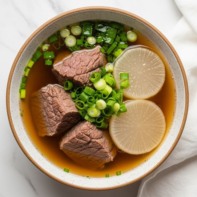 A bowl of clear brown soup filled with three pieces of cooked beef that have a textured, slightly wrinkled surface, and two smooth, pale white slices of radish submerged in the broth. Bright green chopped scallions are sprinkled on top, adding a fresh, vibrant color contrast, some floating in the broth and some resting on the meat and radish. The soup is served in a white bowl with a speckled brown rim, set against a white marbled surface with a white cloth nearby. photo taken with an iphone --ar 4:5 --v 7