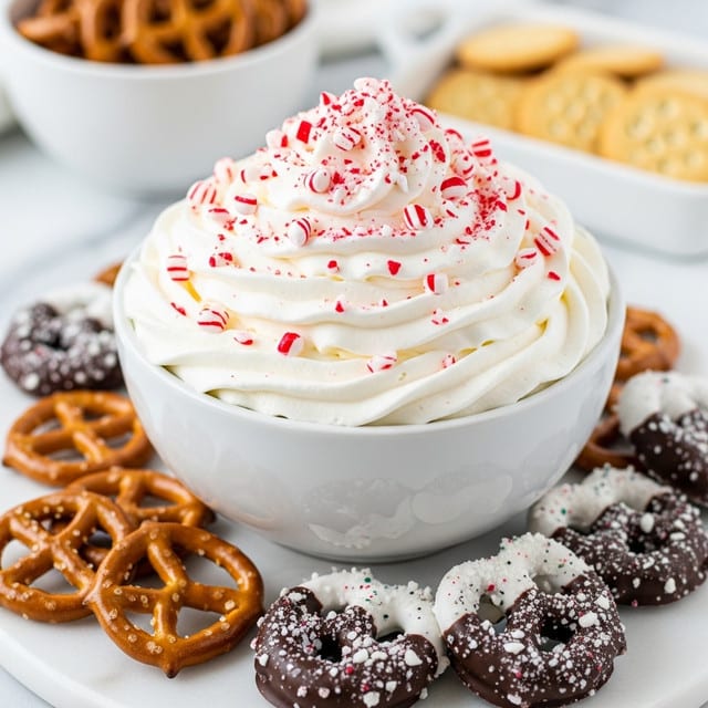 A white bowl is filled with a thick layer of fluffy white whipped cream, topped with a generous sprinkle of crushed red and white peppermint candy pieces. The whipped cream has soft peaks and a creamy texture. Around the bowl, there are brown salted pretzels, some plain and some dipped halfway in dark chocolate and sprinkled with crushed peppermint and salt. The setup is on a white marbled surface with a blurred background showing a white bowl of more pretzels and a white dish holding light brown square crackers. Photo taken with an iphone --ar 4:5 --v 7