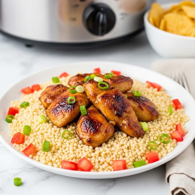 A white plate is filled with a bed of small, round couscous grains that are pale beige. On top, there are golden brown, glazed chicken pieces arranged casually with visible texture from the glaze. Scattered around are small diced red tomatoes adding bright red pops of color. The dish is finished with chopped green onions sprinkled on top, adding fresh green tones. The plate sits on a white marbled surface with a blurred large metallic slow cooker and a white bowl filled with chips or crackers in the background. A beige cloth napkin is softly folded next to the plate. photo taken with an iphone --ar 4:5 --v 7