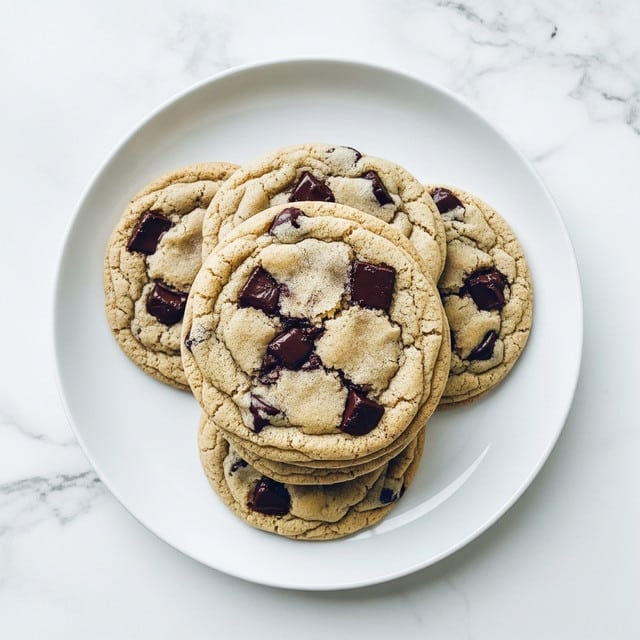 A stack of four round chocolate chip cookies sits on a white plate with a subtle edge, each cookie showing a golden-brown color with slightly darker crispy edges and soft centers dotted with dark chocolate chips. The cookies have a slightly rough texture and some cracks on the surface, showing they are soft inside. The plate rests on a white marbled surface, adding a clean, light background that contrasts with the warm tones of the cookies. Photo taken with an iphone --ar 4:5 --v 7